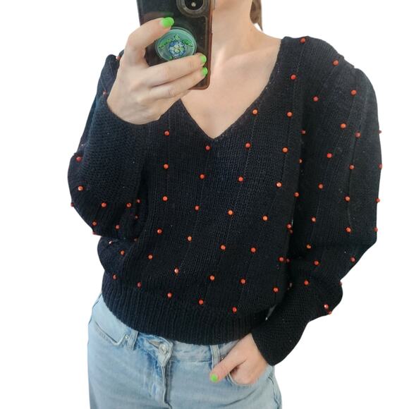 CACHE Vintage Beaded Hand Knit V Neck Sweater S/M Retro Shoulder Pads 90s 80s - Picture 1 of 8